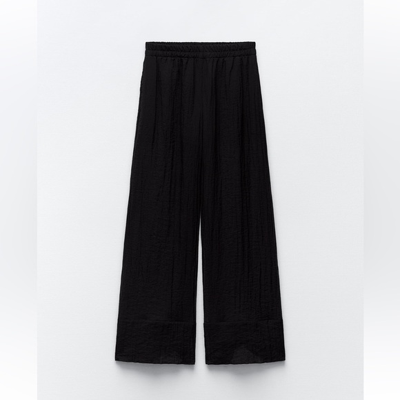 Zara Black Semi-sheer Minimalist Wide Leg Palazzo Pants Elastic waist XS NWT - Picture 7 of 15
